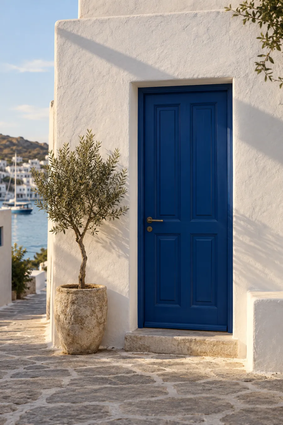 White studio facade with a cobalt door and an olive tree in late sun